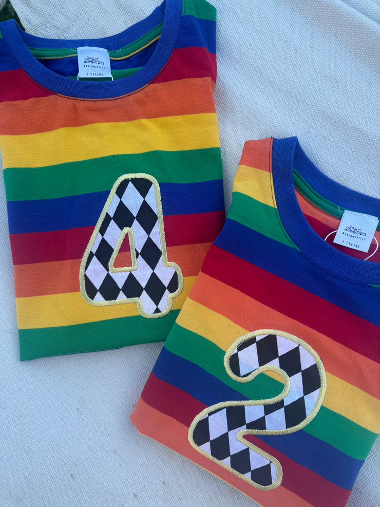 Appliqué number/initial bright rainbow striped Tee