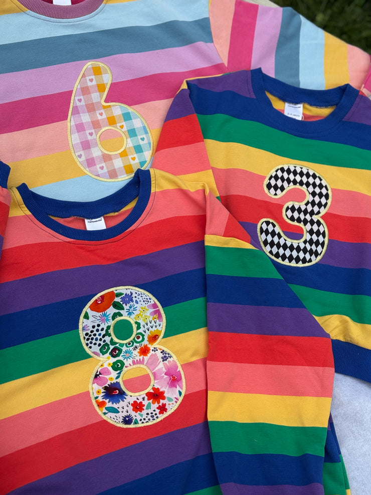 Pastel and bright birthday number/ letter applique rainbow kids jumper