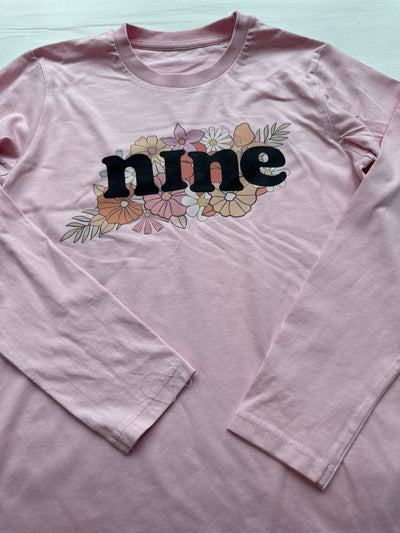 9/11 years nine retro flowers birthday tshirt PREMADE