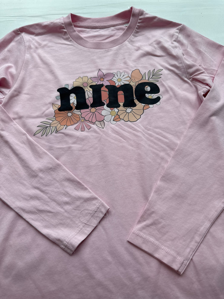 9/11 years nine retro flowers birthday tshirt PREMADE