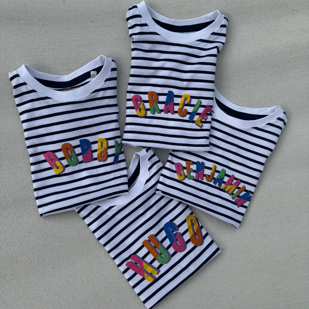 Split colour Embroidered (personalised) Kids Stripe T-Shirt/Tee