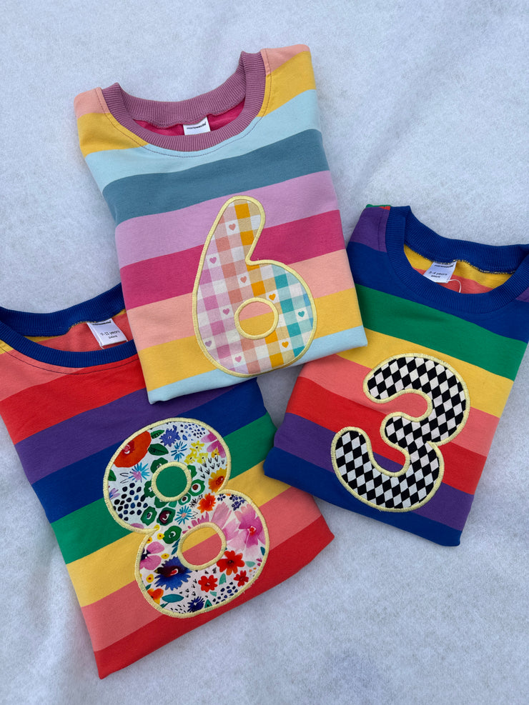 Pastel and bright birthday number/ letter applique rainbow kids jumper