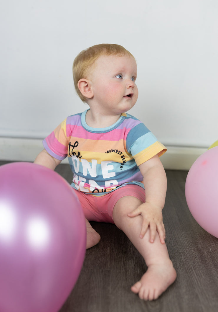 One club pastel rainbow first birthday T-shirt