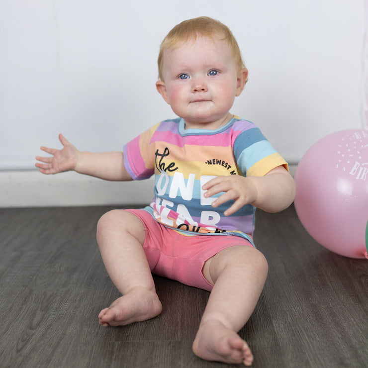 One club pastel rainbow first birthday T-shirt