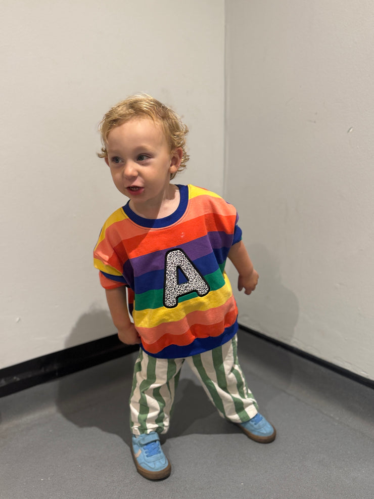 Pastel and bright initial applique rainbow jumper