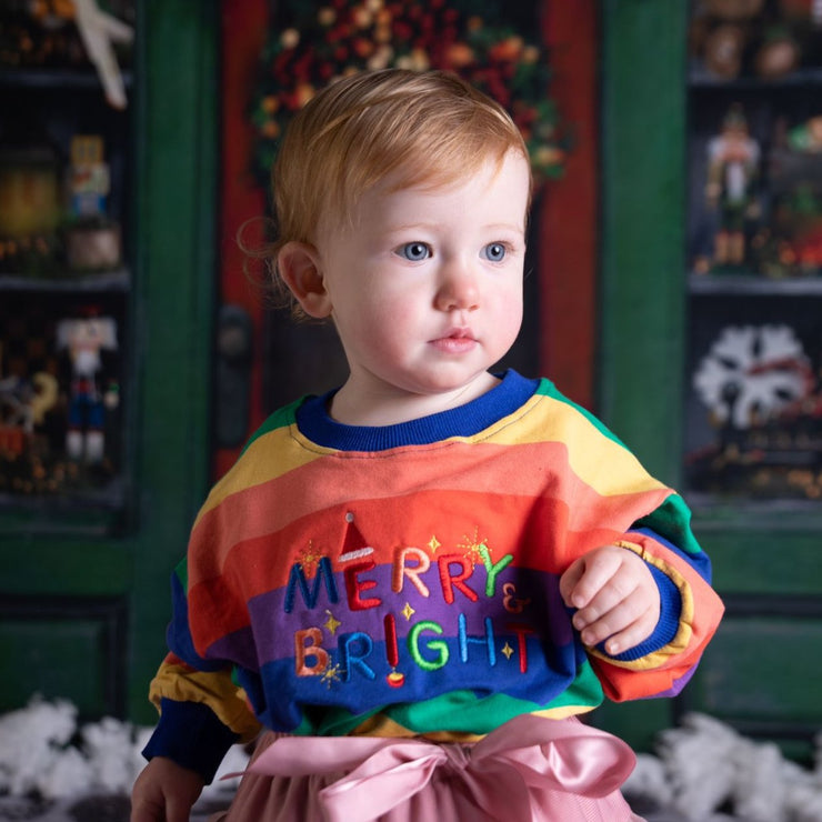 Merry & bright embroidered Rainbow Kids Jumper