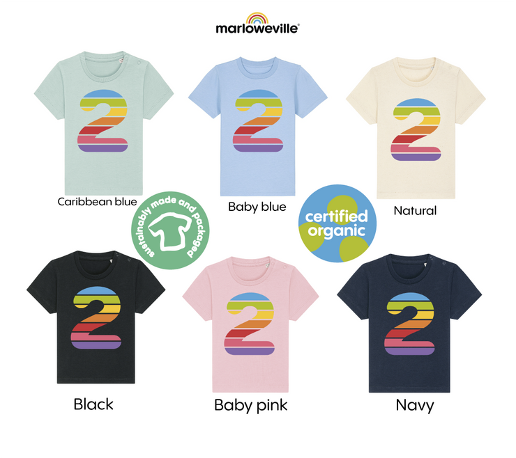 rainbow 2nd birthday organic t-shirts