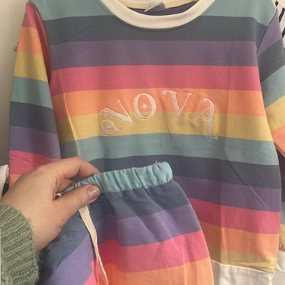 CLEARANCE Embroidered name Retro Rainbow Sweatshirt and shorts set