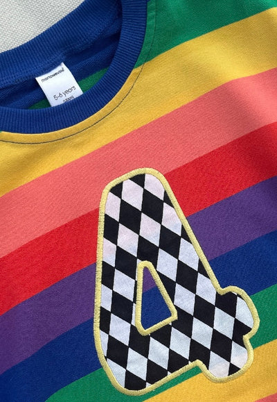 Appliqué number/initial bright rainbow striped Tee