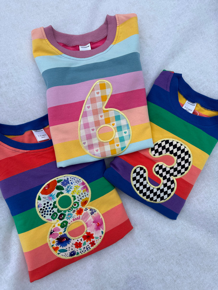 Pastel and bright birthday number/ letter applique rainbow kids jumper