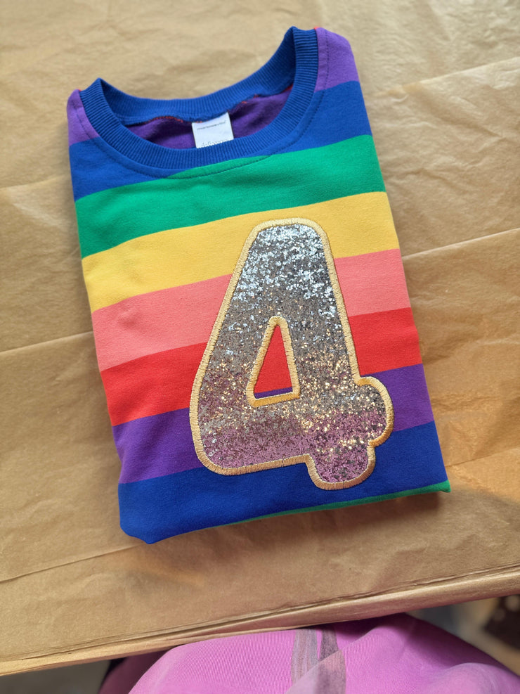 Pastel and bright birthday number/ letter applique rainbow kids jumper