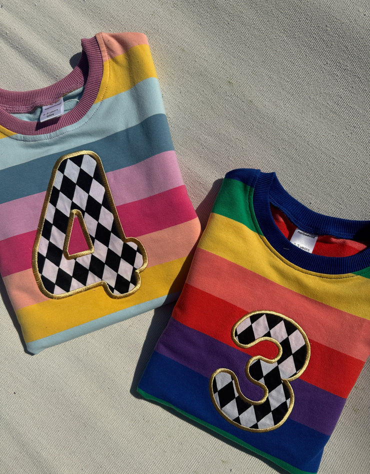 Pastel and bright birthday number/ letter applique rainbow kids jumper