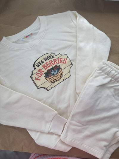 5-6 years Will work for berries sweatshirt and short set cream