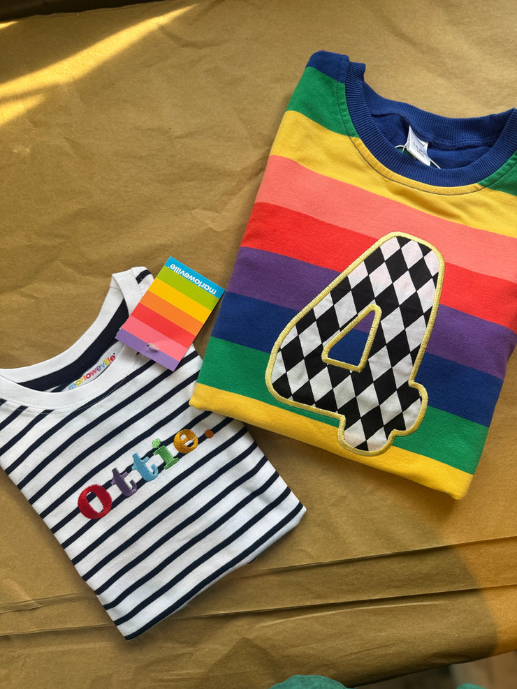 Pastel and bright birthday number applique rainbow jumper