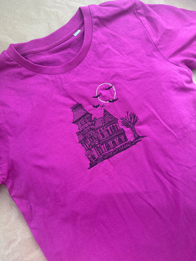 9-11 years orchid haunted Halloween house tee