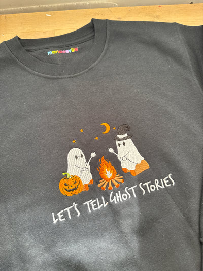 9/10 years PRE-MADE camping ghost stories embroidered sweater