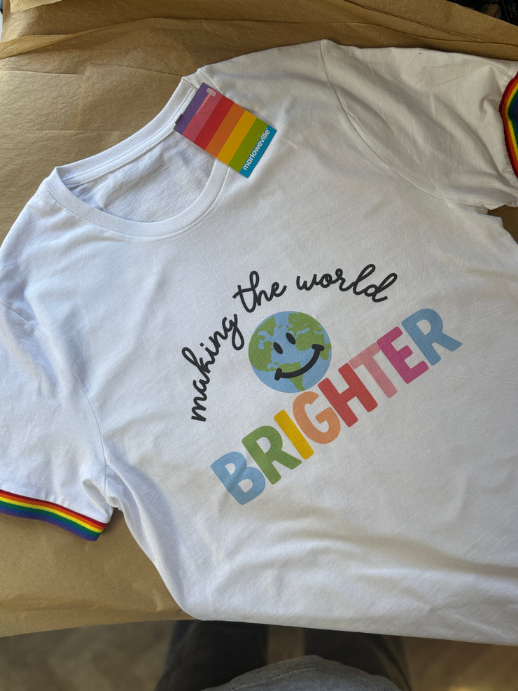 Adults medium (uk 12-15) making the world brighter rainbow trim tee
