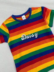 Embroidered Groovy name (personalised) bright rainbow striped Tee