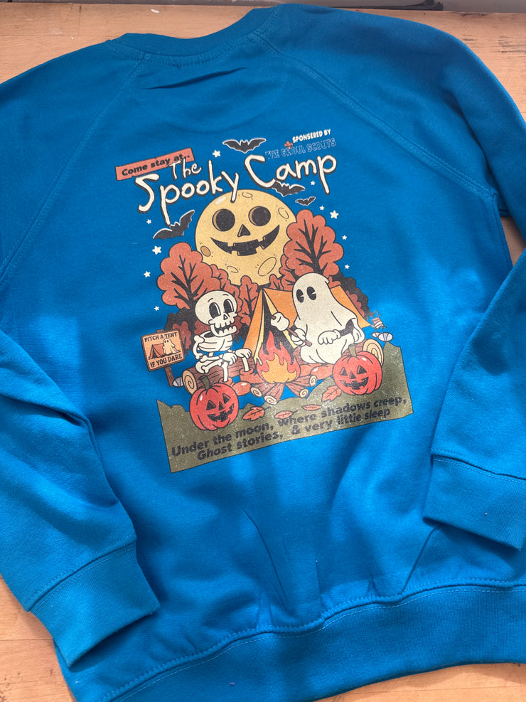 7/8 years Pre-made spooky camp blue sweater