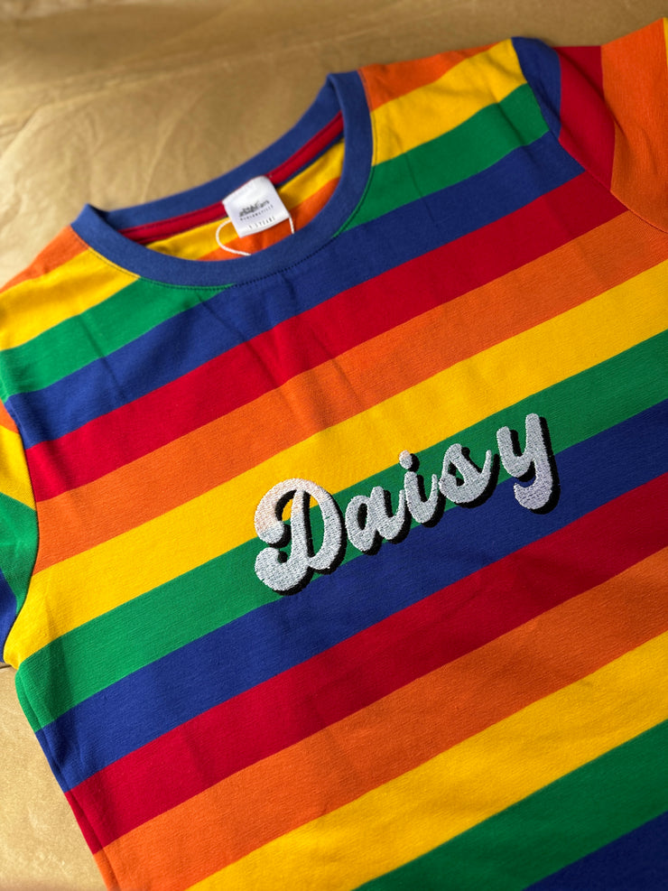 Embroidered Groovy name (personalised) bright rainbow striped Tee