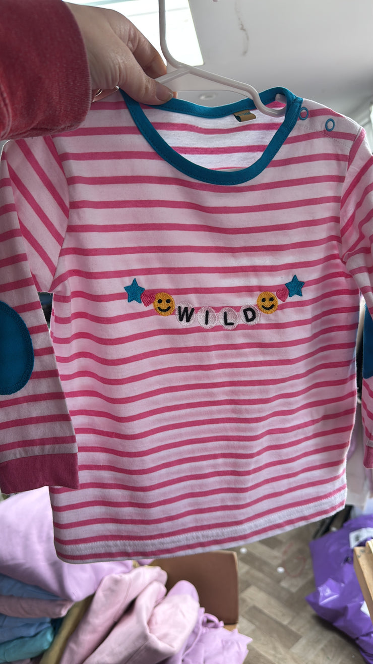 Pink Stripe embroidered friendship bracelet long sleeve blue patch tee