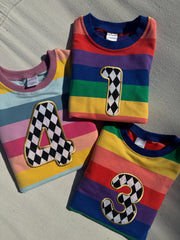 Pastel and bright birthday number/ letter applique rainbow kids jumper