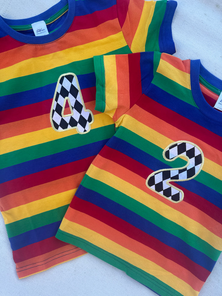 Appliqué number/initial bright rainbow striped Tee