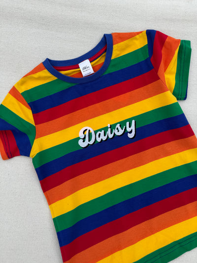 Embroidered Groovy name (personalised) bright rainbow striped Tee