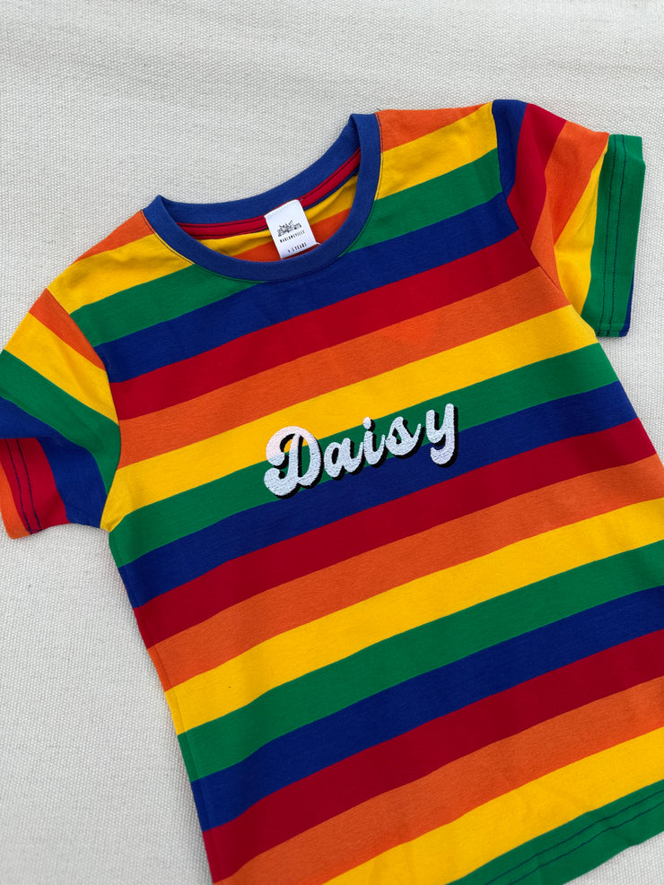 Embroidered Groovy name (personalised) bright rainbow striped Tee