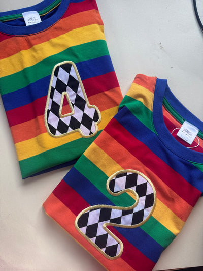 Appliqué number/initial bright rainbow striped Tee
