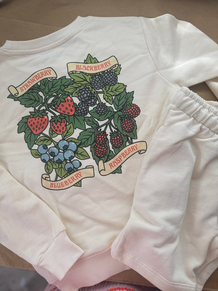 5-6 years Will work for berries sweatshirt and short set cream