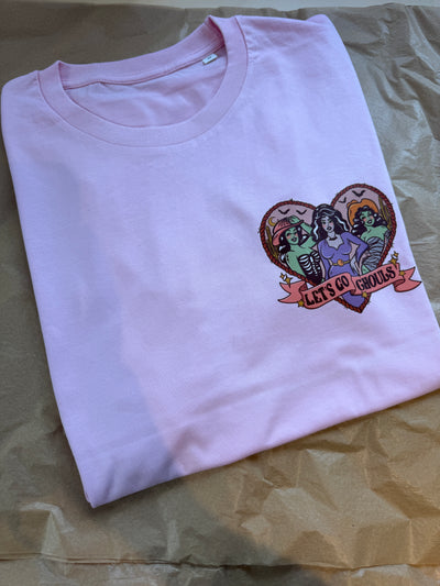 Medium (10/12) PRE-MADE adult pink tshirt let’s go ghouls