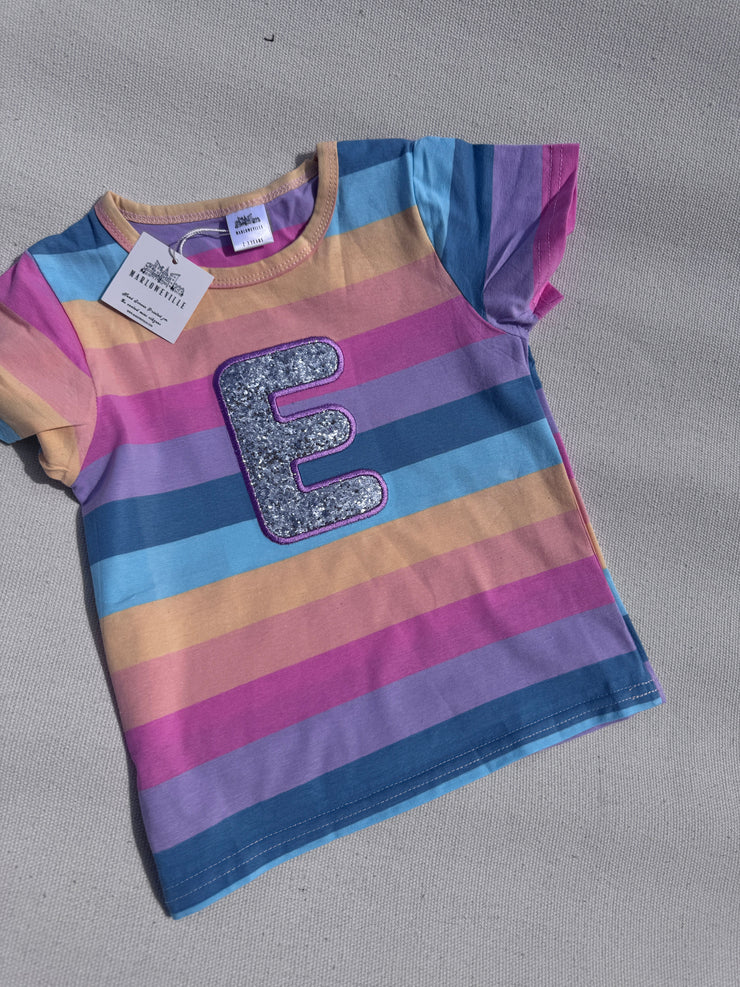 Pastel and bright rainbow applique initial T-shirt