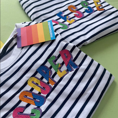 Split colour Embroidered (personalised) Kids Stripe T-Shirt/Tee