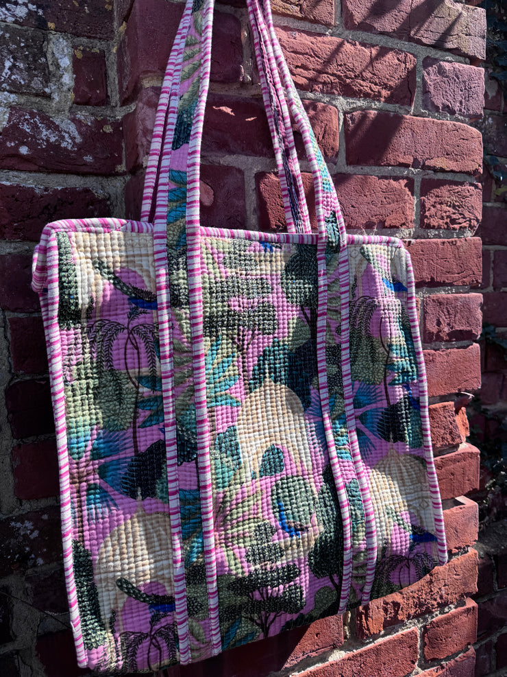 Quilted embroidered patterned tote