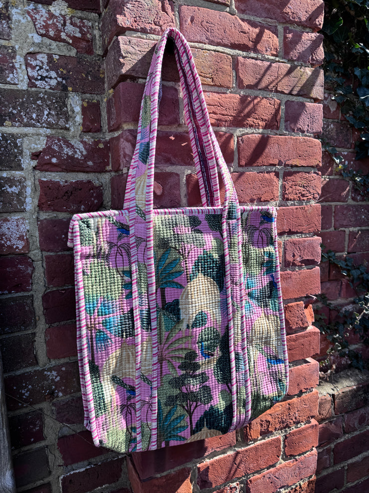 Quilted embroidered patterned tote