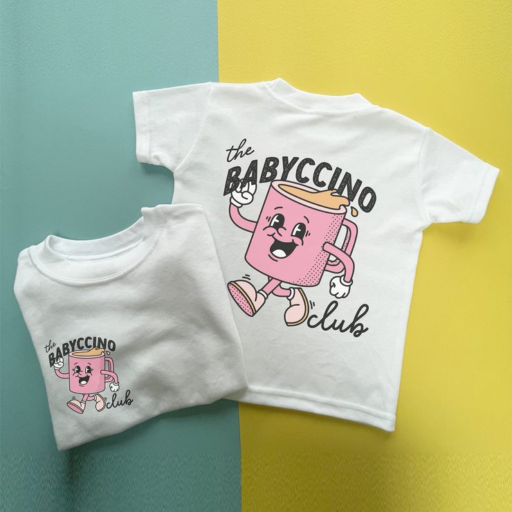 Babyccino club (back and front) white t-shirt