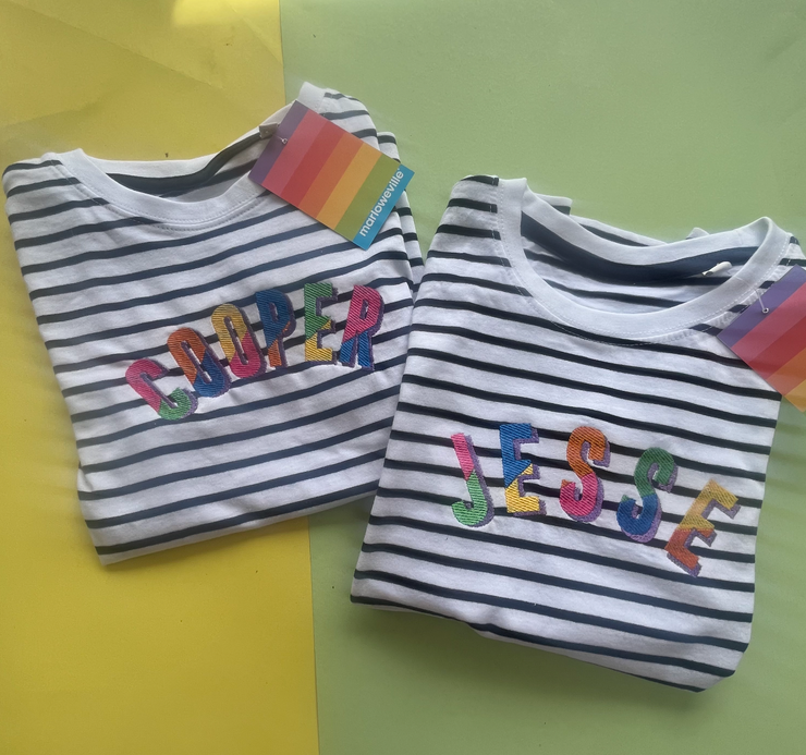 Split colour Embroidered (personalised) Kids Stripe T-Shirt/Tee