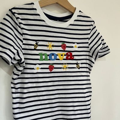 Strawberry Flower Embroidered (personalised) Kids Stripe T-Shirt/Tee