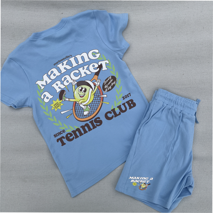 tennis club kids co ord. Shorts an d t-shirt set with back design