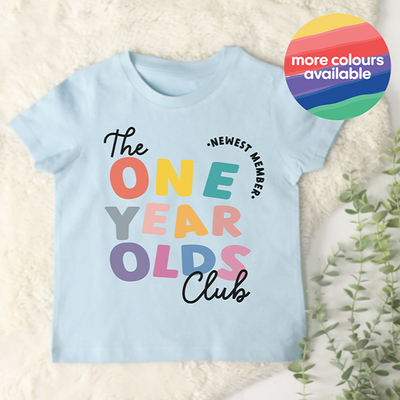colourful 1st birthday t-shirt organic printed with the one year olds club
