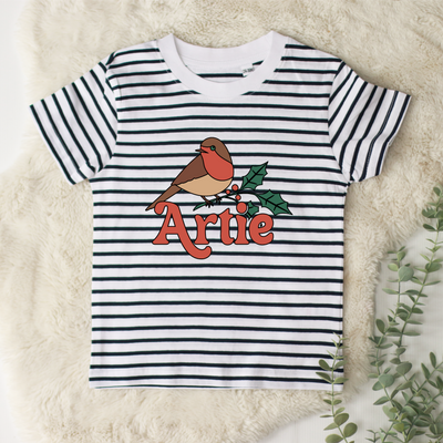 Robin (Personalised) Kids Christmas Stripe T-Shirt