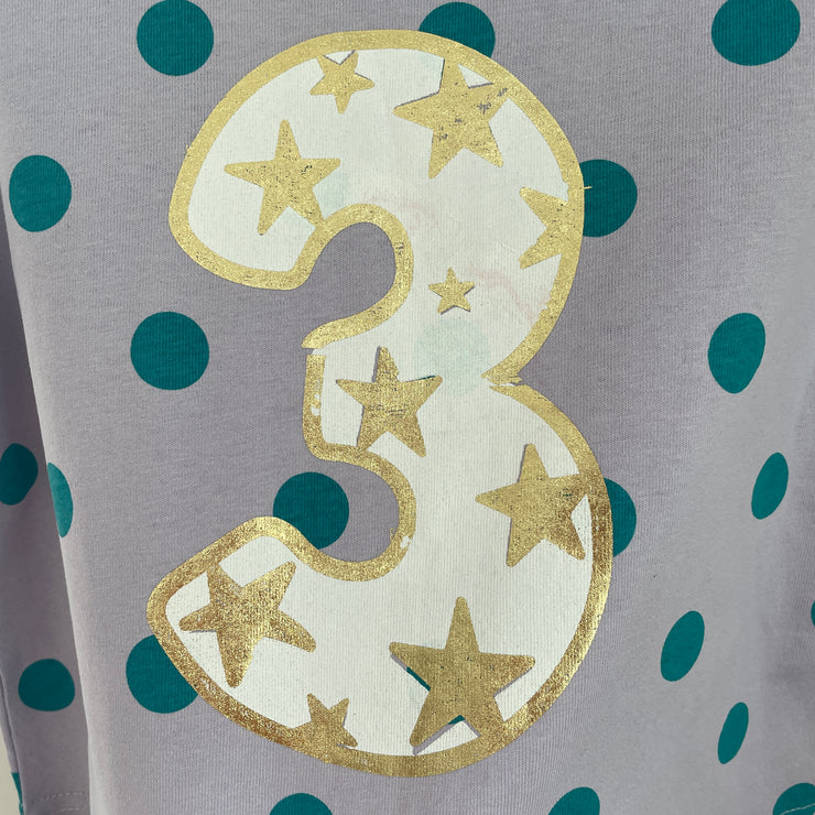 Pre-made Birthday 3 shiny star spotty tee- Size 1-2 years