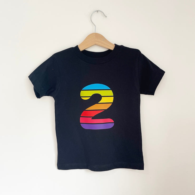 Pre-made Birthday Big rainbow number 2 black tee - Size 2-3 years