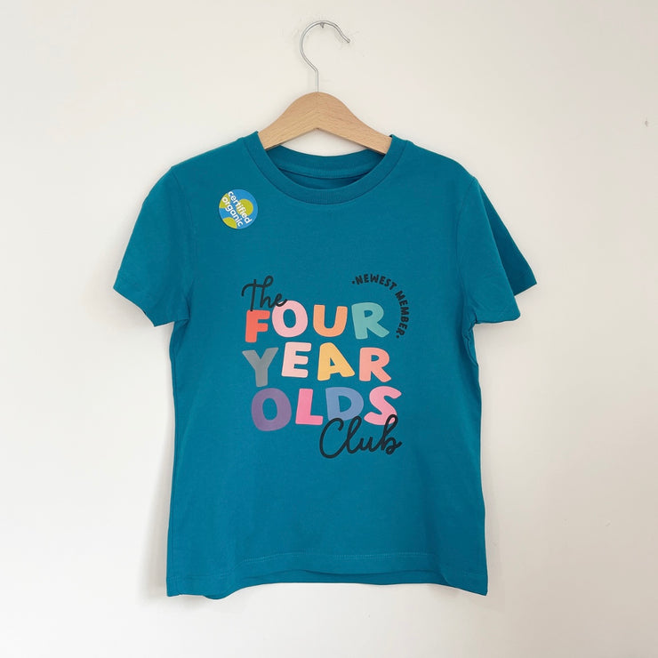 Pre-made Birthday four club teal tee - Size 5-6 years