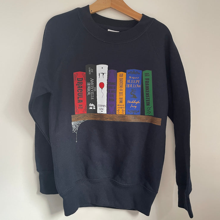 Pre-made - horror book navy sweater - 5-6 years