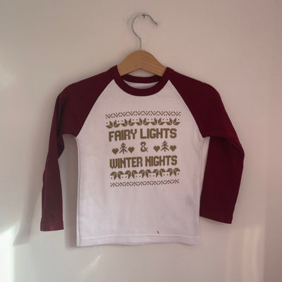 Pre-made - christmas fairy lights winter nights maroon raglan - 6-12 months