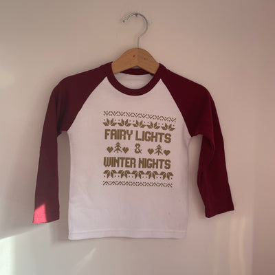 Pre-made - christmas fairy lights winter nights raglan (misfit mark) - 6-12 months