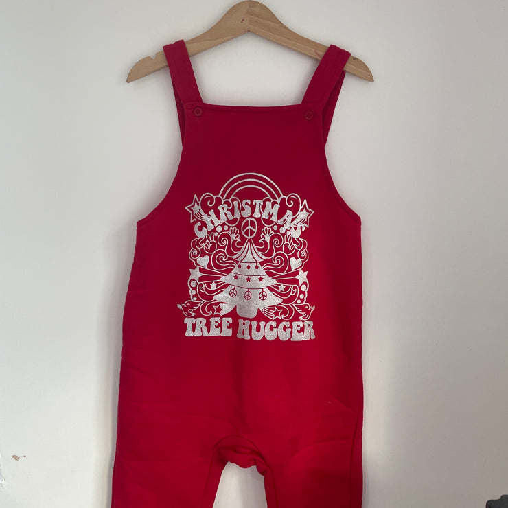 Pre-made - christmas tree hugger red dungarees  - 3-4 years