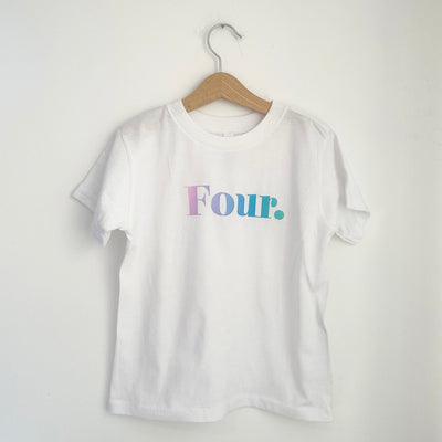 Pre-made Birthday four white tee - Size 4-5 years